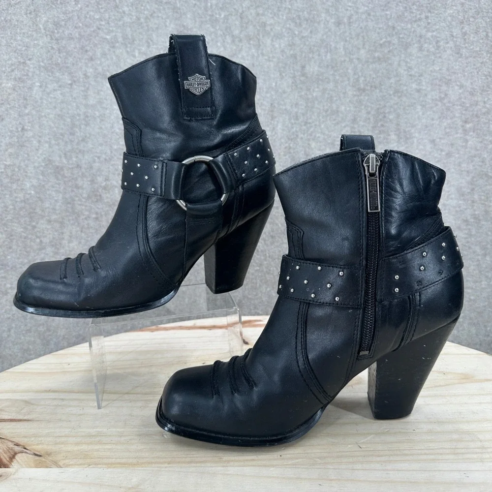 Harley-Davidson Ankle Boots Womens 7.5 Black Studded Leather Heeled Harness Moto